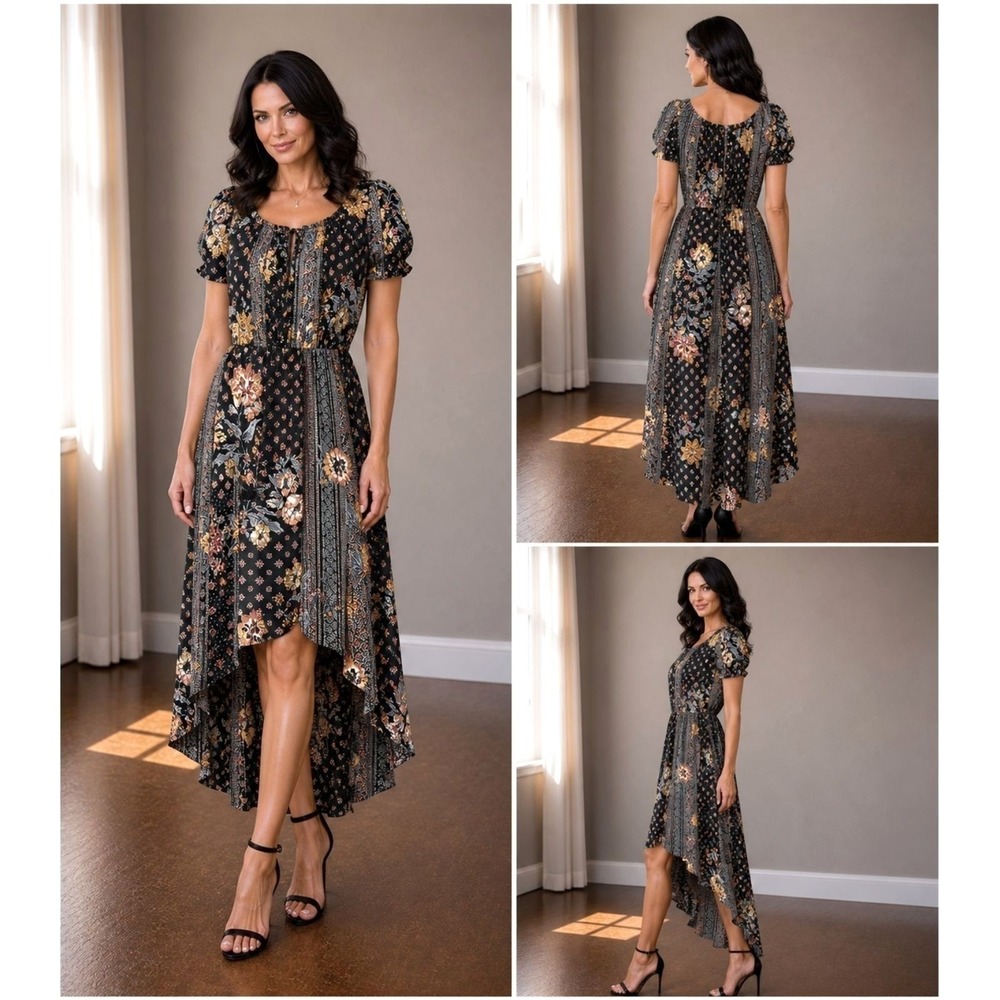Floral Prairie Patchwork Peasant High Low Maxi Dress Boho Whimsigoth Women Jrs L